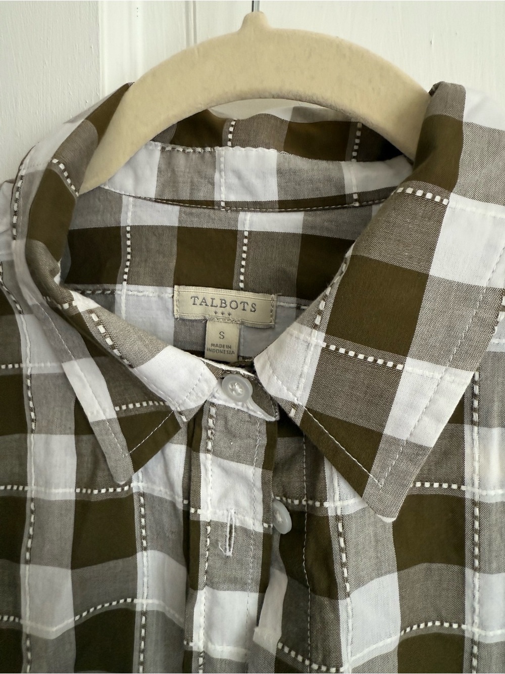 Talbots Olive Gingham Button Up | Coastal Grandmother Old Money Plaid Shirt - Picture 2 of 2